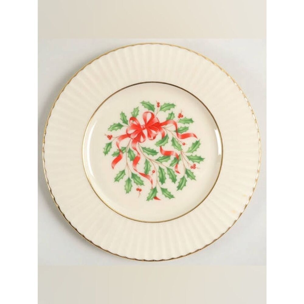 Vintage Lenox Holiday Temple 8.5" Salad Plate in Red Ribbons and Holly Pattern